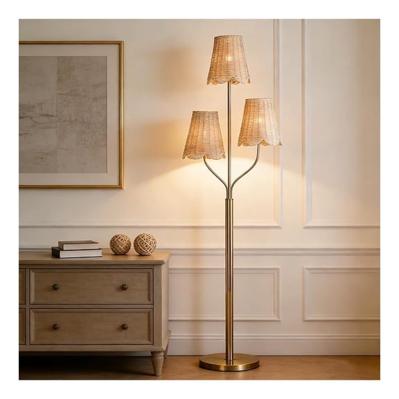 65" Boho Rattan Floor Lamp for Living Room, 3-Lights Brass Floor Lamp with Rattan Shade, Farmhouse Tree Standing Lamp for Bedroom, Office
