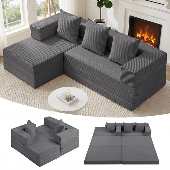 65" Boneless Couch,Convertible Sleeper Sofa Bed, Modular Sectional Sofa, Modern Tri-Folding Cloud Couch with L-Shape Chaise,No Assembly, Grey