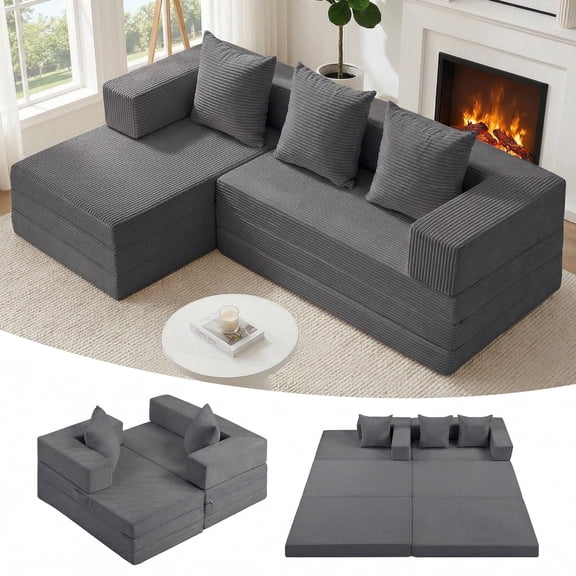 65" Boneless Couch,Mini Convertible Sleeper Sofa Bed, Modular Sectional Sofa, Modern Tri-Folding Cloud Couch with L-Shape Chaise,No Assembly, Grey
