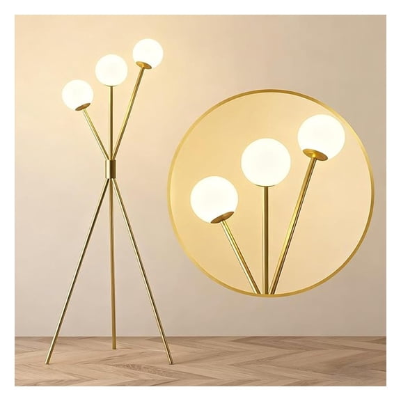 65 Brass Floor Lamp for Living Room, 3 Lights Globe Century Floor Lamp ModernTripod Reading Standing Lamp with White Glass Globe Shade for Bedrooms Office