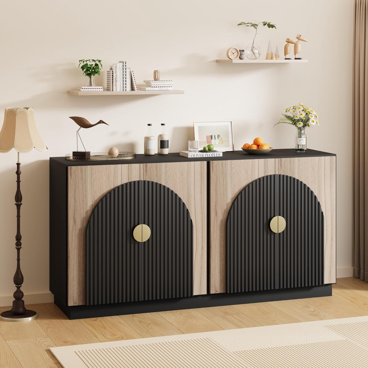 65" Buffet Sideboard Cabinet with Fluted Design & Arched Doors, Wood ...