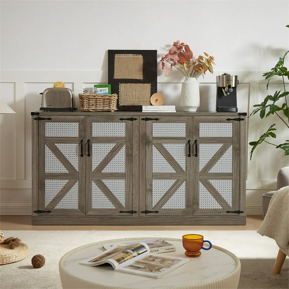 65" Buffet Storage Cabinet, Modern Farmhouse Rattan Sideboard with 4-Door Storage, Barn Doors Storage Cabinet for Living Room, Entryway, Bedroom, Dining Room