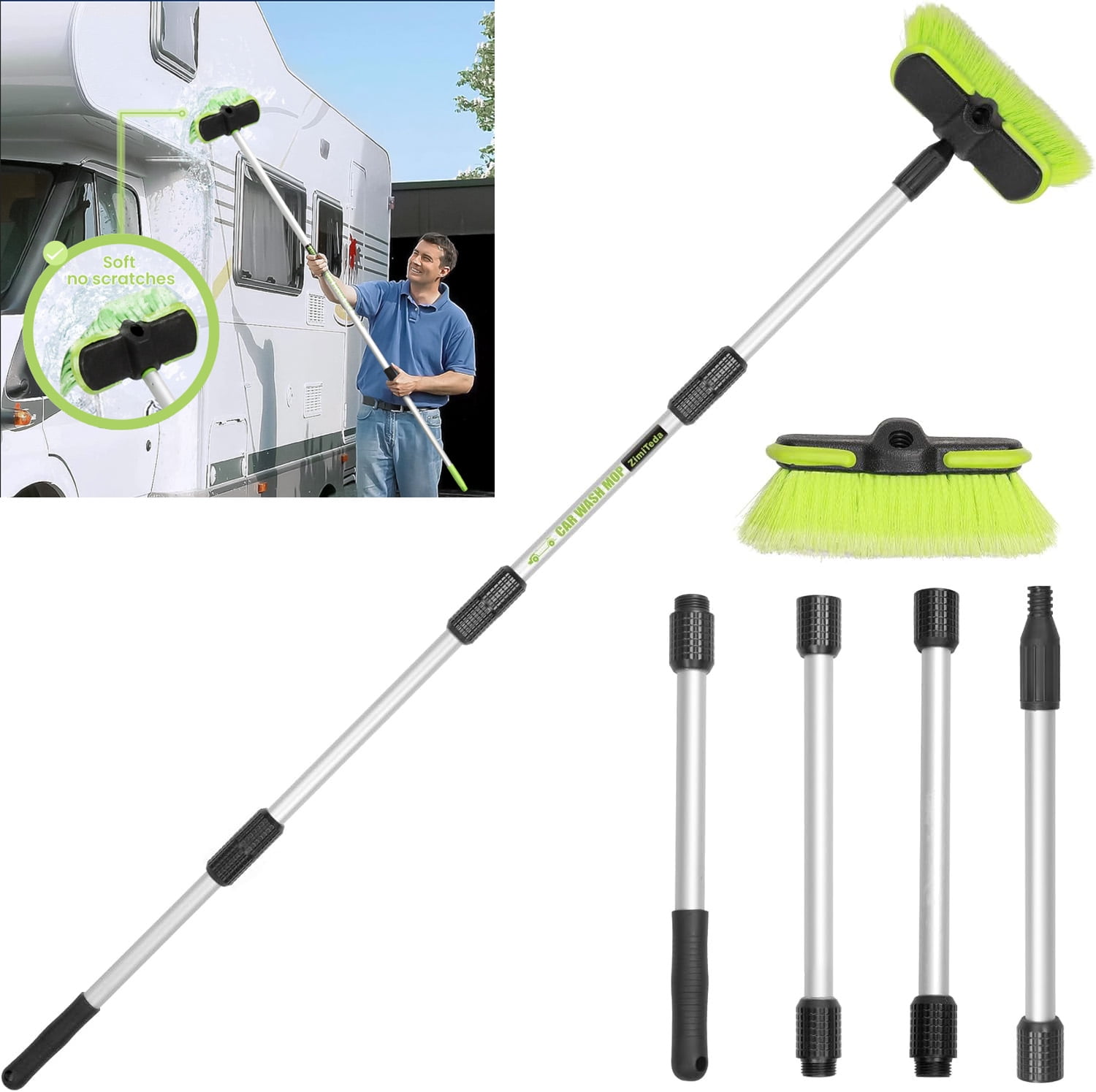 65'' Car Wash Brush and Snow Brush  with Long Handle, Car Cleaning Tool and Car Snow Broom and  with 4 Hand-Held Places Extendable  Washing Brushes Broom Kit Soft Car Auto Truck SUV of Scratch-Free