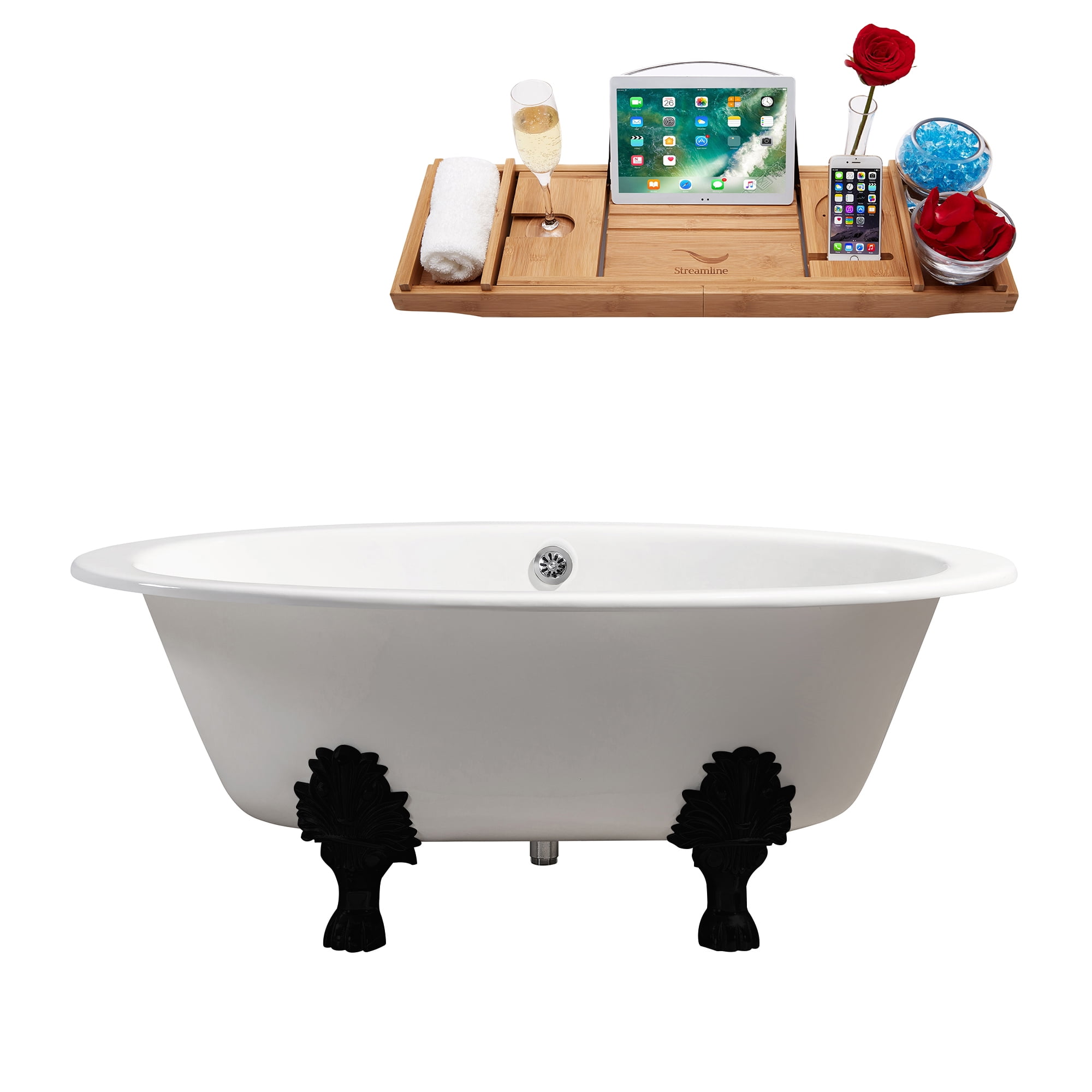 65" Glossy White Cast Iron Clawfoot Soaking Tub with Matte Black Feet