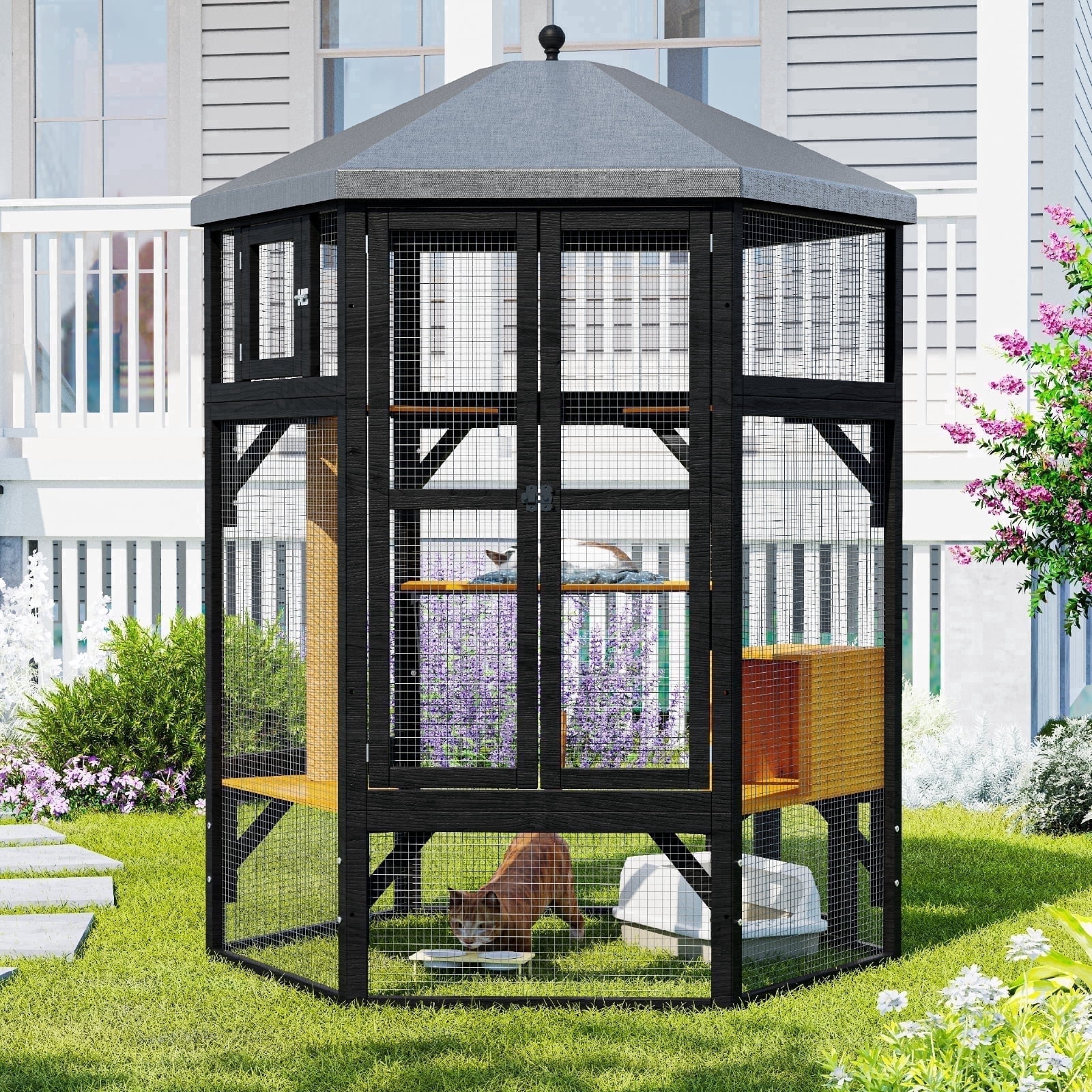 TIMHAKA 65" Catio Outdoor Cat Enclosure, Large Cat House w/ Waterproof Roof, Window Access, Multiple Platforms & Scratching Post for Multi-Cat Use, Black & Yellow