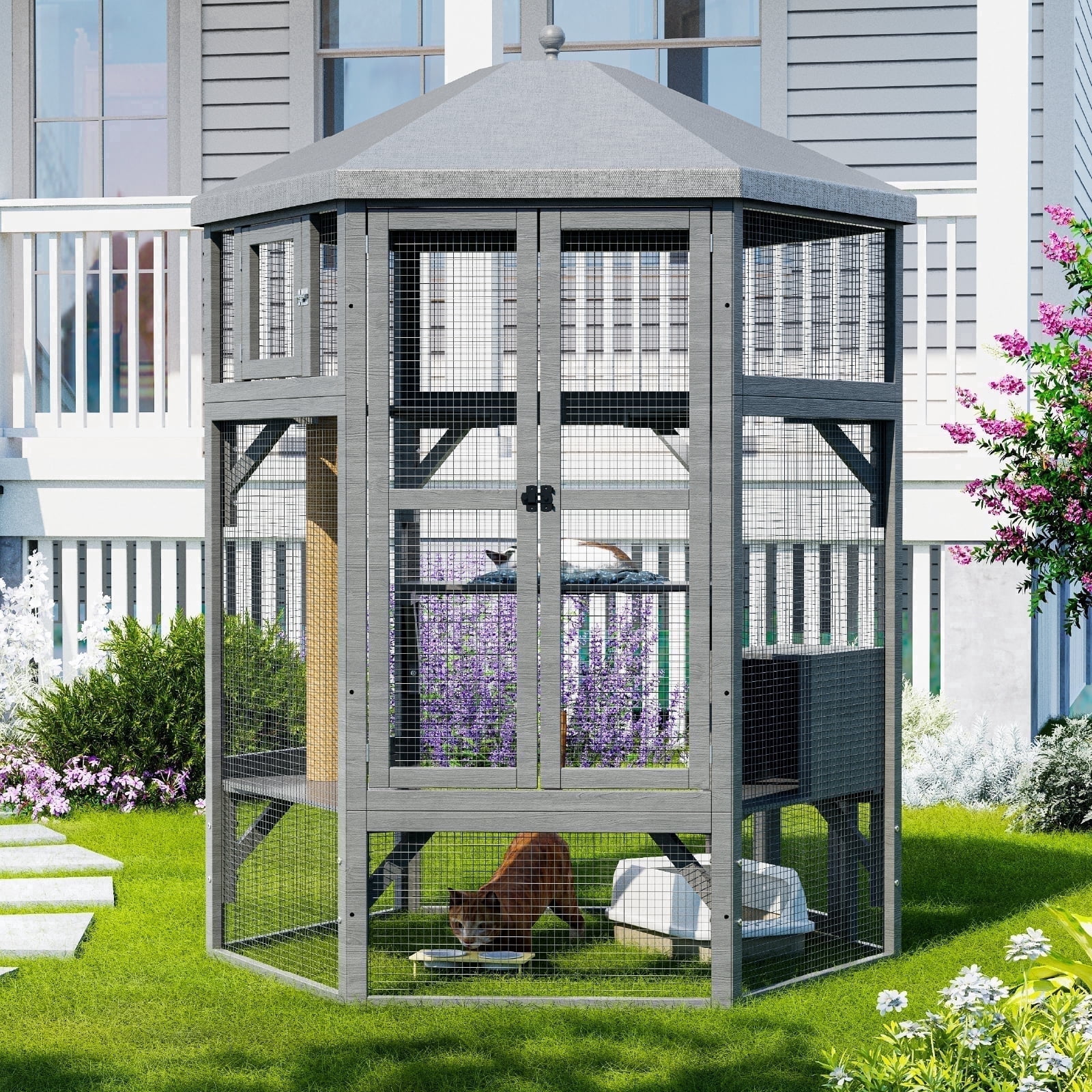 TIMHAKA 65" Catio Outdoor Cat Enclosure, Large Cat House w/ Waterproof Roof, Window Access, Multiple Platforms & Scratching Post for Multi-Cat Use, Gray