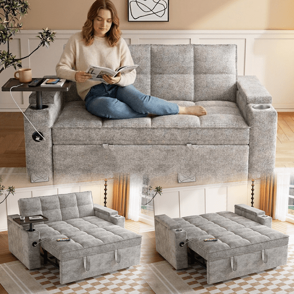 65" Chenille Convertible Sofa Bed with Adjustable Backrest, 3-in-1 Sleeper, 360° Swivel Side Table, USB/Type-C Ports, Hidden Storage, Easy Assembly for Living Room & Apartments, Gray