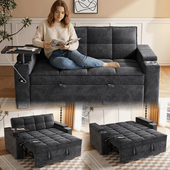 65" Chenille Convertible Sofa Bed with Adjustable Backrest, 3-in-1 Sleeper, 360° Swivel Side Table, USB/Type-C Ports, Hidden Storage, Easy Assembly for Living Room & Apartments, Black