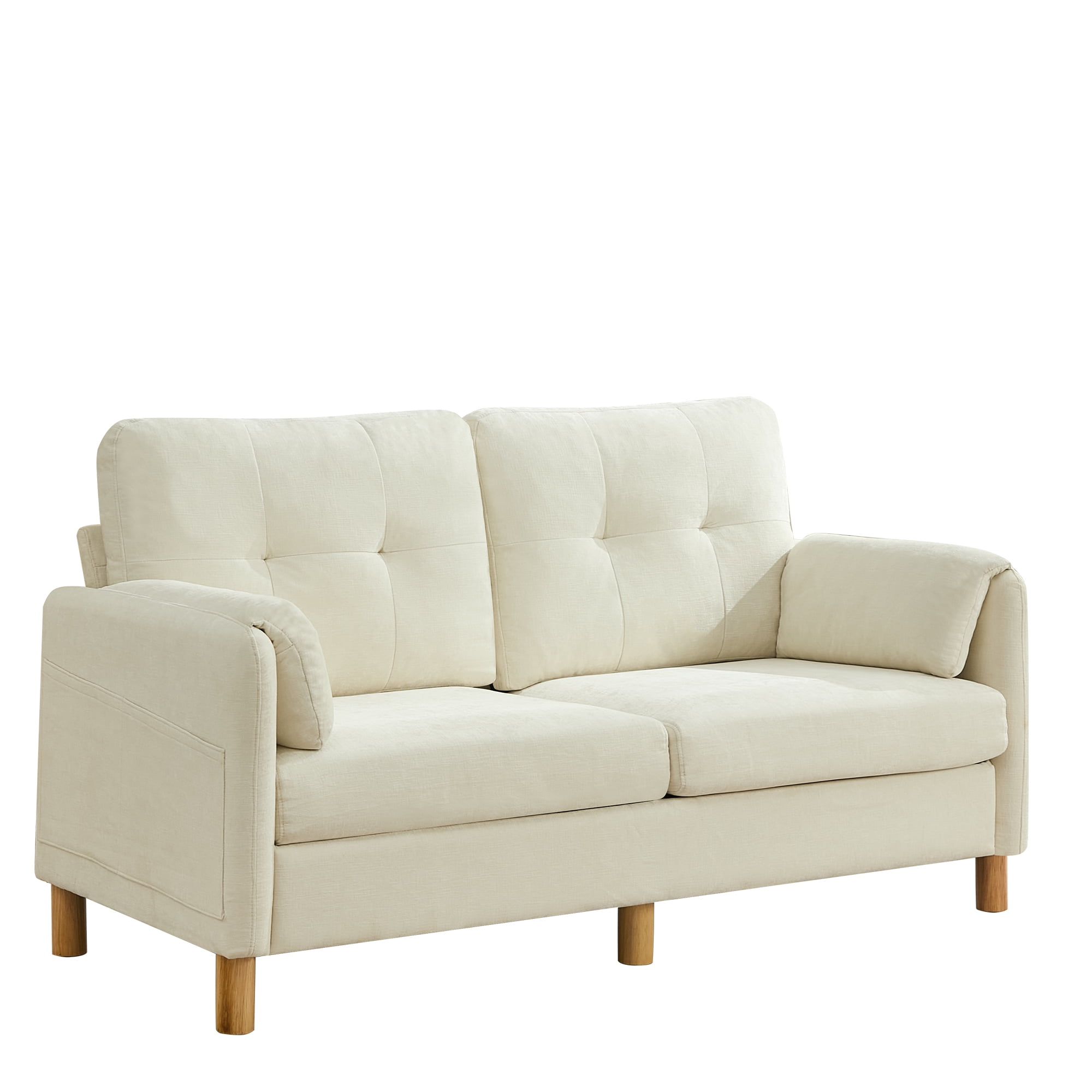 65" Chenille Loveseat Sofa, Modern 2-Seater with Armrest Pillows & Side Storage Pockets, Tufted Upholstered Loveseat for Living Room or Bedroom, Beige