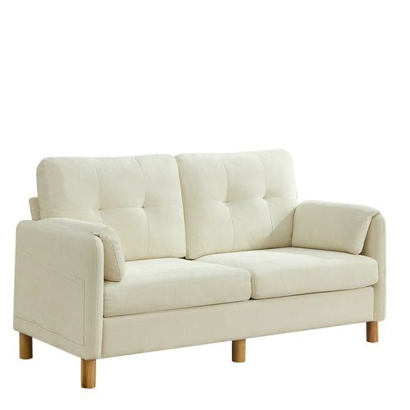 65" Chenille Loveseat Sofa, Modern 2-Seater with Armrest Pillows & Side Storage Pockets, Tufted Upholstered Loveseat for Living Room or Bedroom, Beige