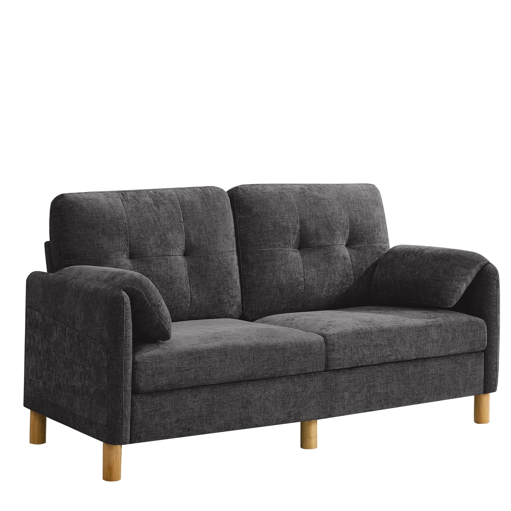 65" Chenille Loveseat Sofa, Modern 2-Seater with Armrest Pillows & Side Storage Pockets, Tufted Upholstered Loveseat for Living Room or Bedroom, Dark Grey