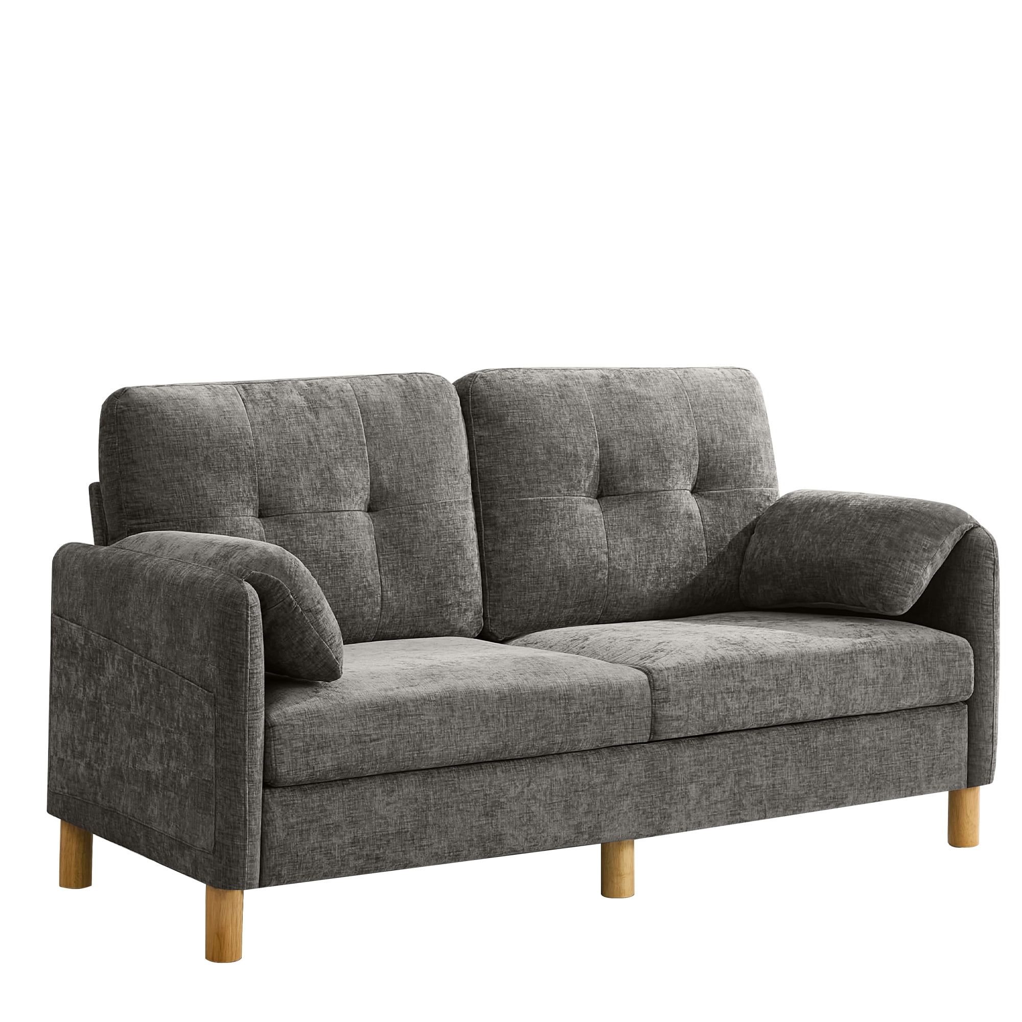 65" Chenille Loveseat Sofa, Modern 2-Seater with Armrest Pillows & Side Storage Pockets, Tufted Upholstered Loveseat for Living Room or Bedroom, Light Grey