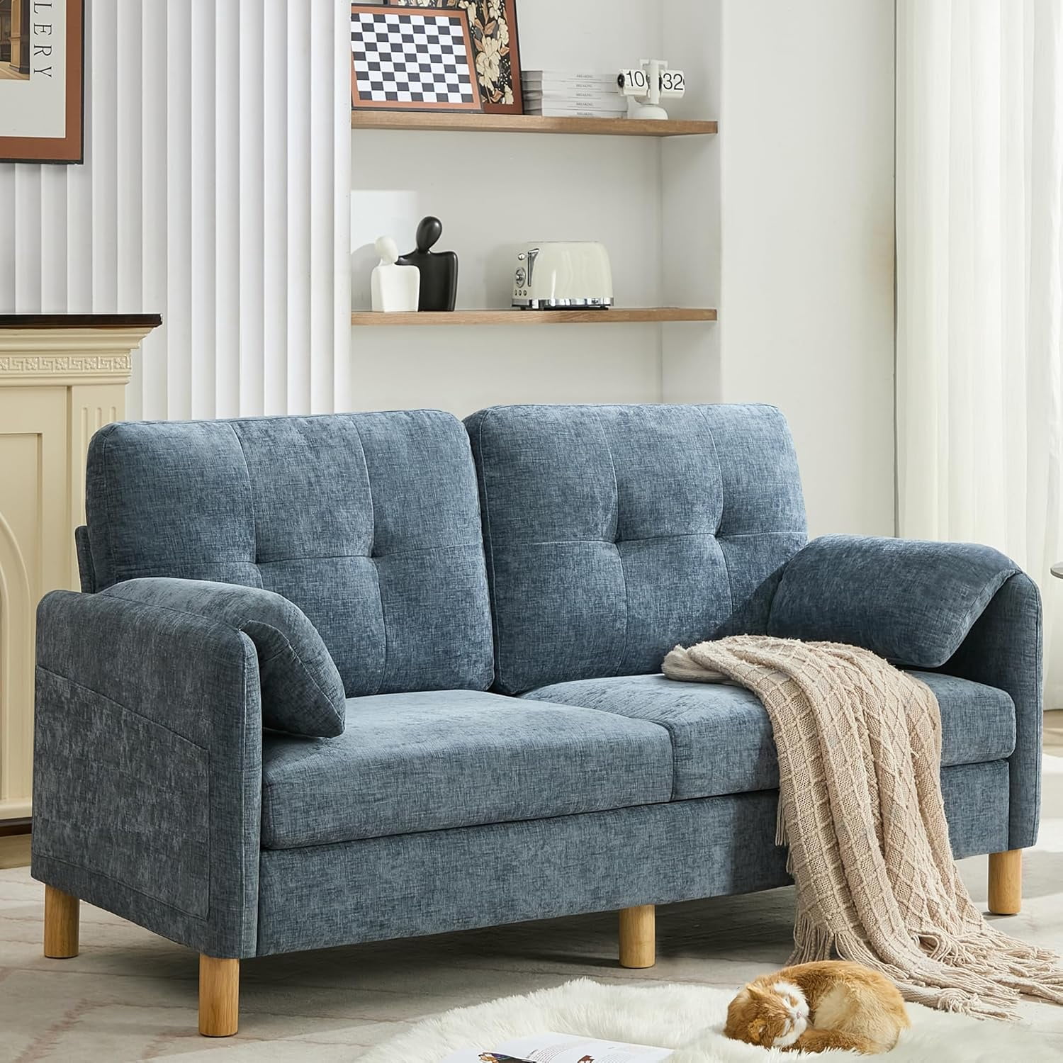 65" Chenille Loveseat Sofa, Modern 2-Seater Love Seat Couch with Armrest Pillows,Upholstered Tufted Loveseat Couches for Living Room Bedroom, Blue