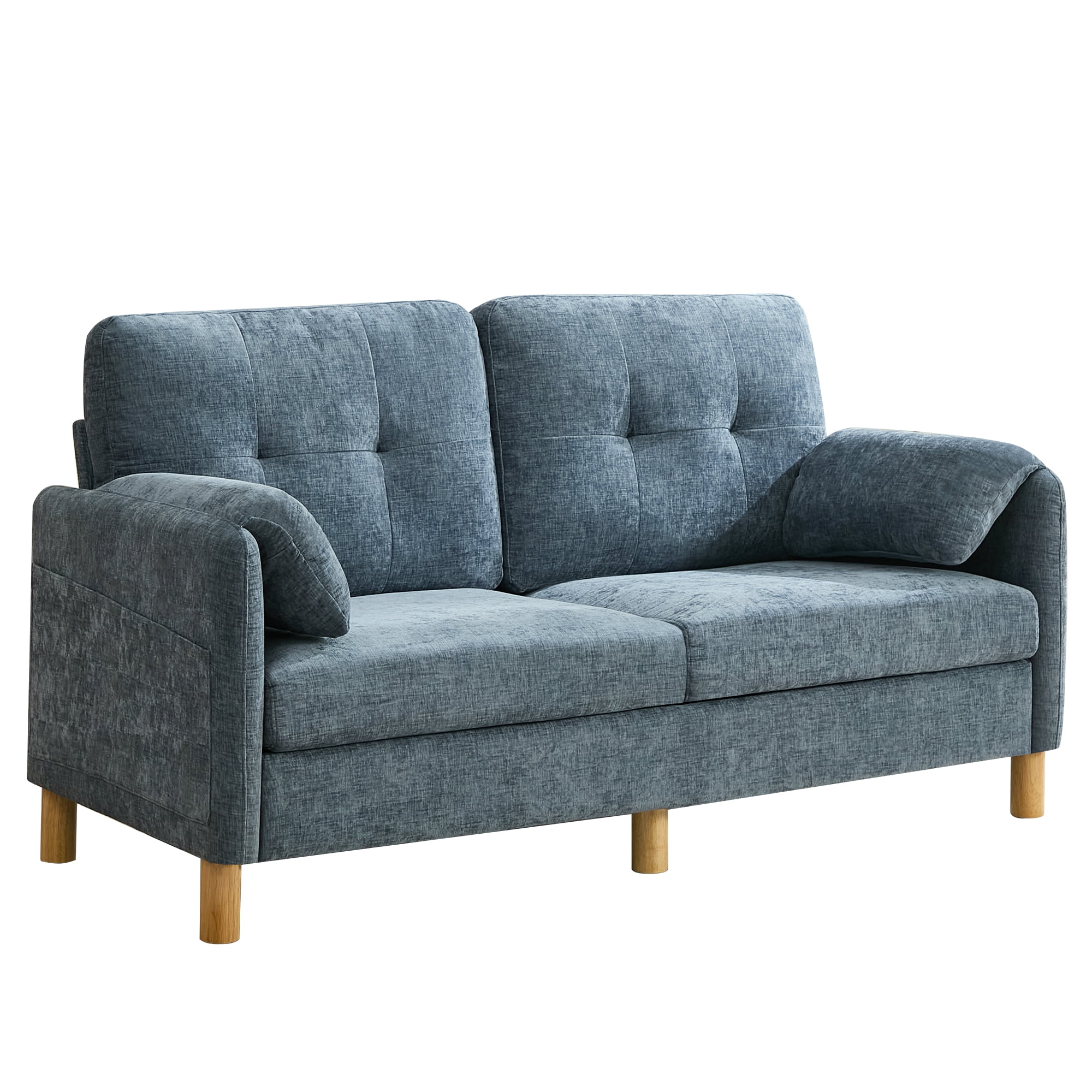 65" Chenille Loveseat Sofa, Modern 2-Seater with Armrest Pillows & Side Storage Pockets, Tufted Upholstered Loveseat for Living Room or Bedroom, Blue