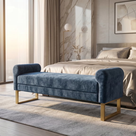 65" Chenille Ottoman Bench with Armrests, Modern Upholstered End of Bed Bench with Gold Metal Legs, Rectangular Storage Bench for Bedroom, Living Room, Entryway