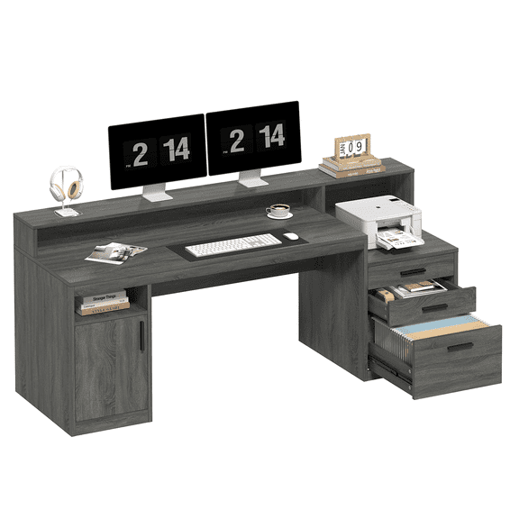 65" Computer Desk with 3 Drawers & Printer Shelf for Home Office | Office Desk with Printer Shelf & File Drawer, Executive Desk Writing Study Table with Monitor Stand, Dark Grey