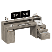 65" Computer Desk with 3 Drawers & Printer Shelf for Home Office | Office Desk with Printer Shelf & File Drawer, Executive Desk Writing Study Table with Monitor Stand, Gray