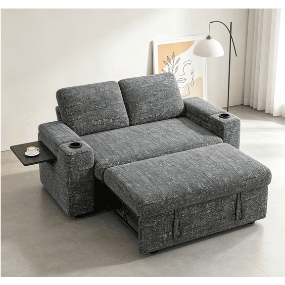 65" Convertible Chenille Sofa Bed with Pull-Out Sleeper, Adjustable Backrest, USB Charging Ports, Cup Holders, Side Table & Storage Armrests, Easy Assembly Loveseat Sleeper Couch