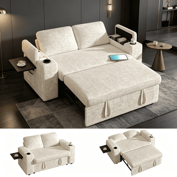 65" Convertible Chenille Sofa Bed with Pull-Out Sleeper, Adjustable Backrest, USB Charging Ports, Cup Holders, Side Table & Storage Armrests, Easy Assembly Loveseat Sleeper Couch