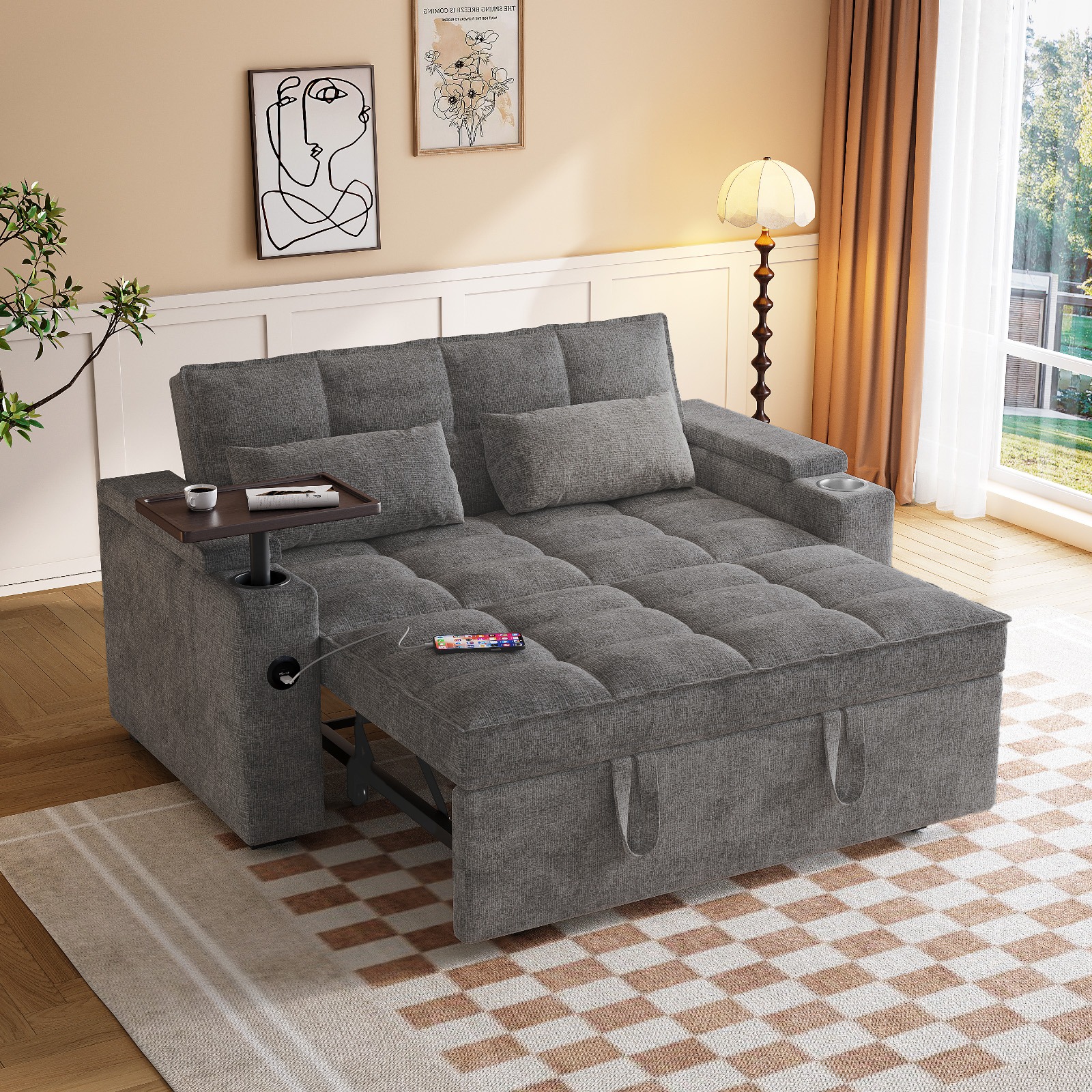 65 Convertible Chenille Sofa Bed With Pull Out Design 3 In 1 Adjustable Backrest Hidden Storage USB Type C Ports 360 Swivel Side Table Black: Worth Buying?