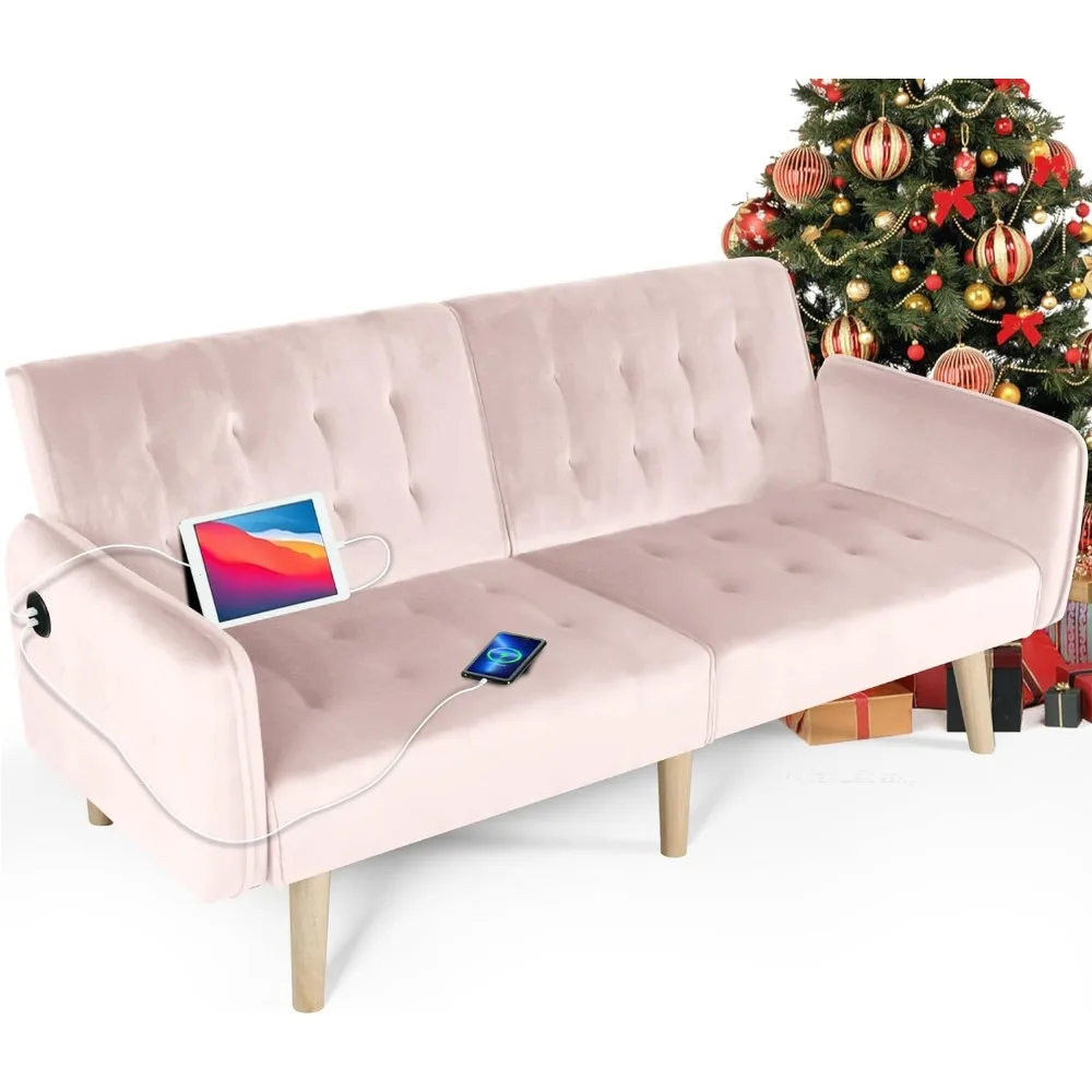 65“ Convertible Futon Sofa Bed w/ 2 USB, Upholstered Tufted Small ...