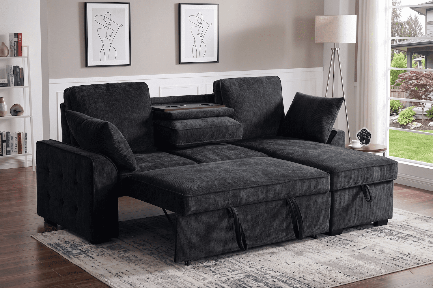 86" Sectional Sofa for Living Room, Convertible L Shaped Sleeper Couch with Pull Out Bed, Modular Chenille Sectional Couch with Storage Chaise, Cup Holders & Removable Tray, Adjustable Backrests