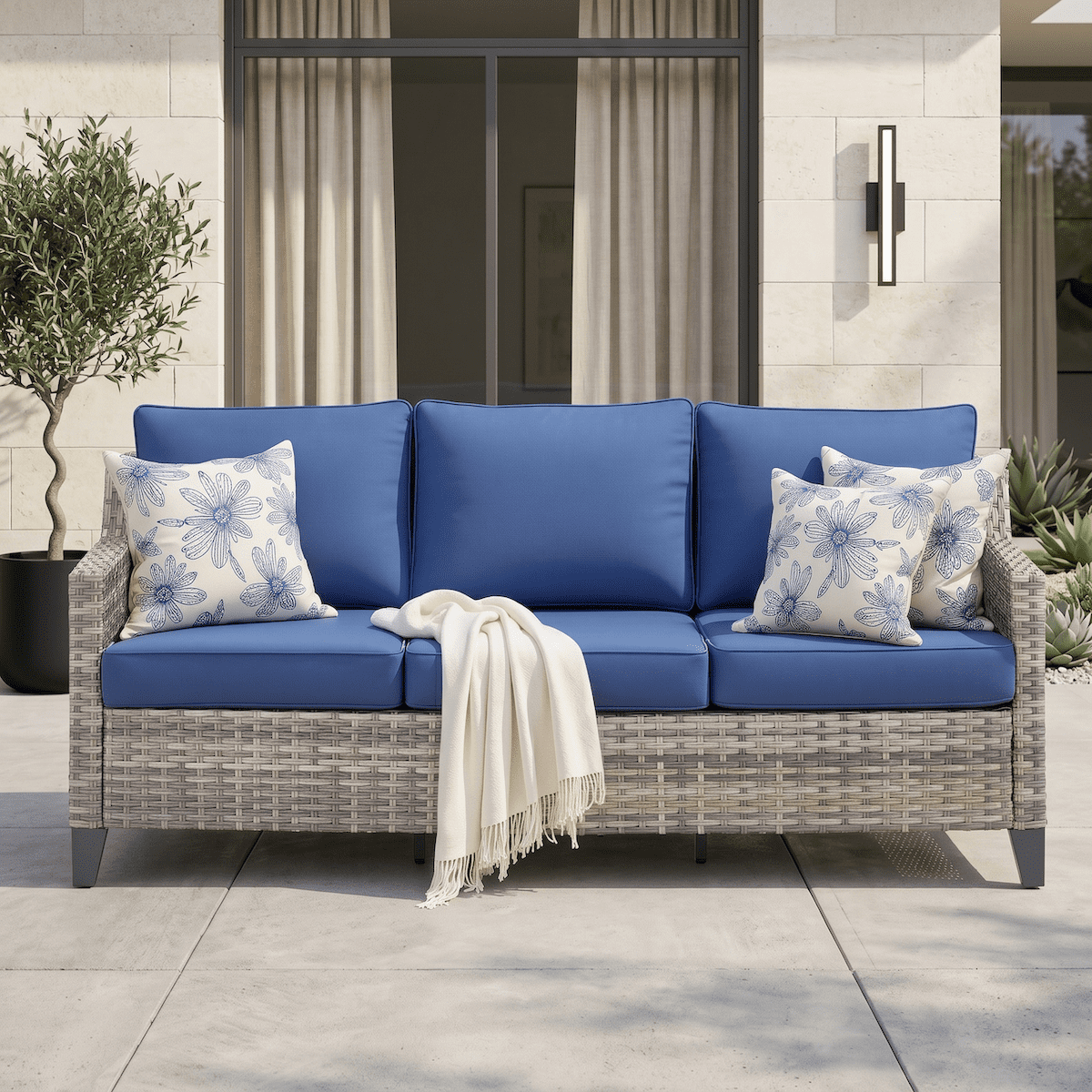 Outdoor Patio Sofa 3 Seat, 73” Wicker Rattan Couch with Cushions, All Weather PE Rattan Outdoor Sofa, Sloped Armrest, Steel Frame, UV Water Resistant Patio Furniture for Balcony Porch Backyard