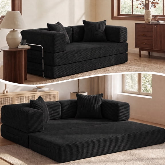 65" Convertible Sofa Bed, Corduroy Folding Sleeper Loveseat Futon, Fold-Out Couch Bed with Fixed-Shape Frame, Boneless Design, No Assembly Required for Living Room & Bedroom