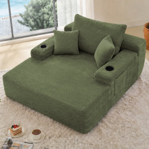 65" Corduroy Convertible Butacas Para Sala Couch, Comfy Small Chair with Spring Padding, Reading Nook Chair with Cup Holder for indoor leisure space, Green