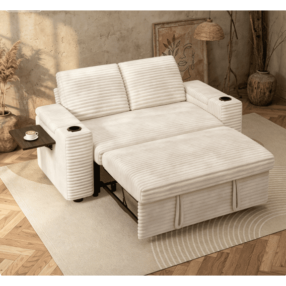 65" Corduroy Loveseat Sleeper Sofa Bed with Pull-Out Bed, Adjustable Backrest, USB Charging Ports, Cup Holders, Side Table, Storage Armrests, Easy Assembly, Beige