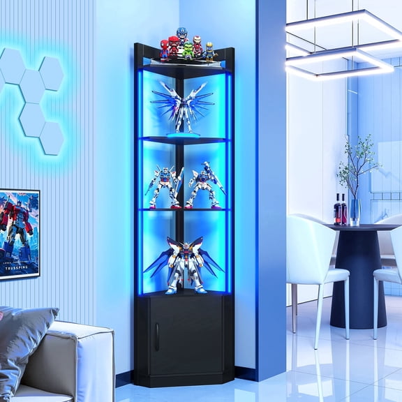 65" Corner Display Cabinet, 5-Tier Lighted Curio Case with Human Body Sensor and 16 Million LED Color Lights, Showcase Display Cabinets for Collectibles, Books, Toys, Black