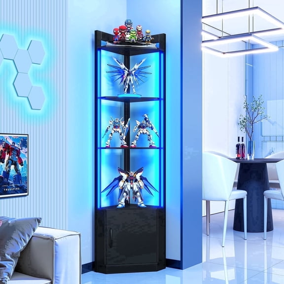 BENGOO Modern 65 Inch Corner Display Cabinet, 5-Tier with Color LED Lights, Human Body Sensor, Homes Decor,Black