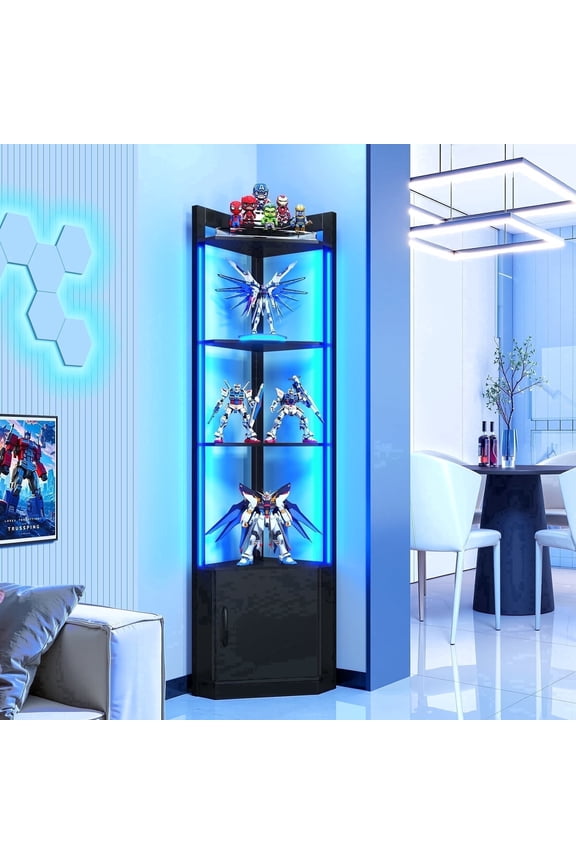 Modern 65 Inch Corner Display Cabinet, 5-Tier with Color LED Lights, Human Body Sensor, Homes Decor,Black