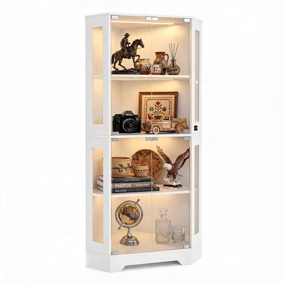 65" Corner Display Cabinet with Glass Doors and LED Lights, 65" Curio Cabinet with 3 Color LED Lights, 4-Tier Showcase Display Case with Human Body Sensor for Trophies, Books