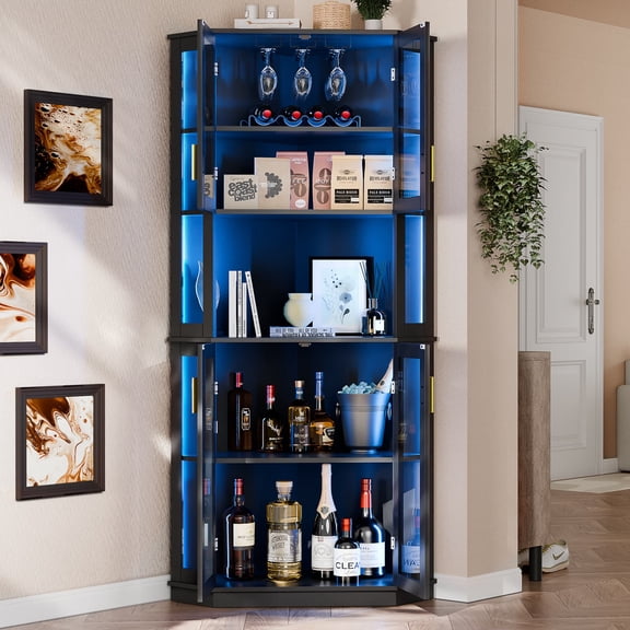 65" Corner Wine Cabinet with LED Lights, 4-Tier Liquor Storage Cabinet with Tempered Glass Door for Home, Living Room, and Kitchen (Black)