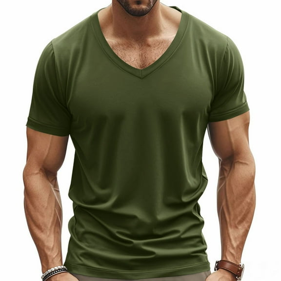 Up to 65% off Dianli Moisture-Wicking Workout T-Shirts Solid Plus Size T Shirts V-Neck Short Sleeve T Shirts for Male Active Athleisure T-Shirts Army Green S