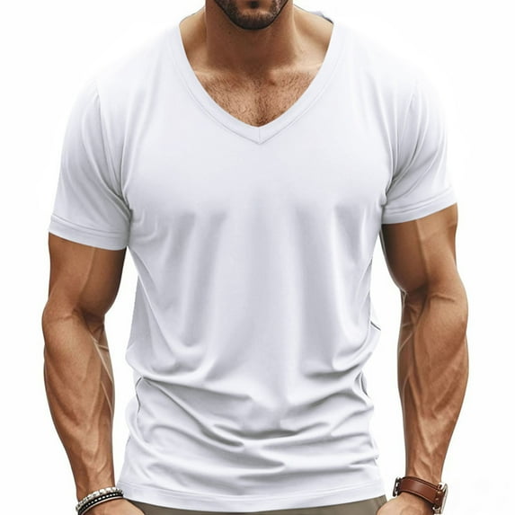 Up to 65% off Dianli Moisture-Wicking Workout T-Shirts Solid Plus Size T Shirts V-Neck Short Sleeve T Shirts for Male Active Athleisure T-Shirts White M