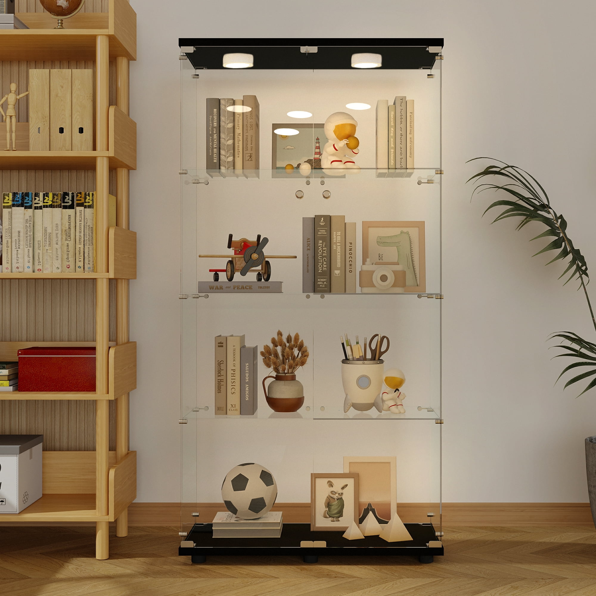 65" Display Cabinet with Glass Doors,4-Tier Curio Cabinet & Bookshelf,Storage Cabinet with LED,Collection Showcase for Living Room Bedroom Office,Black