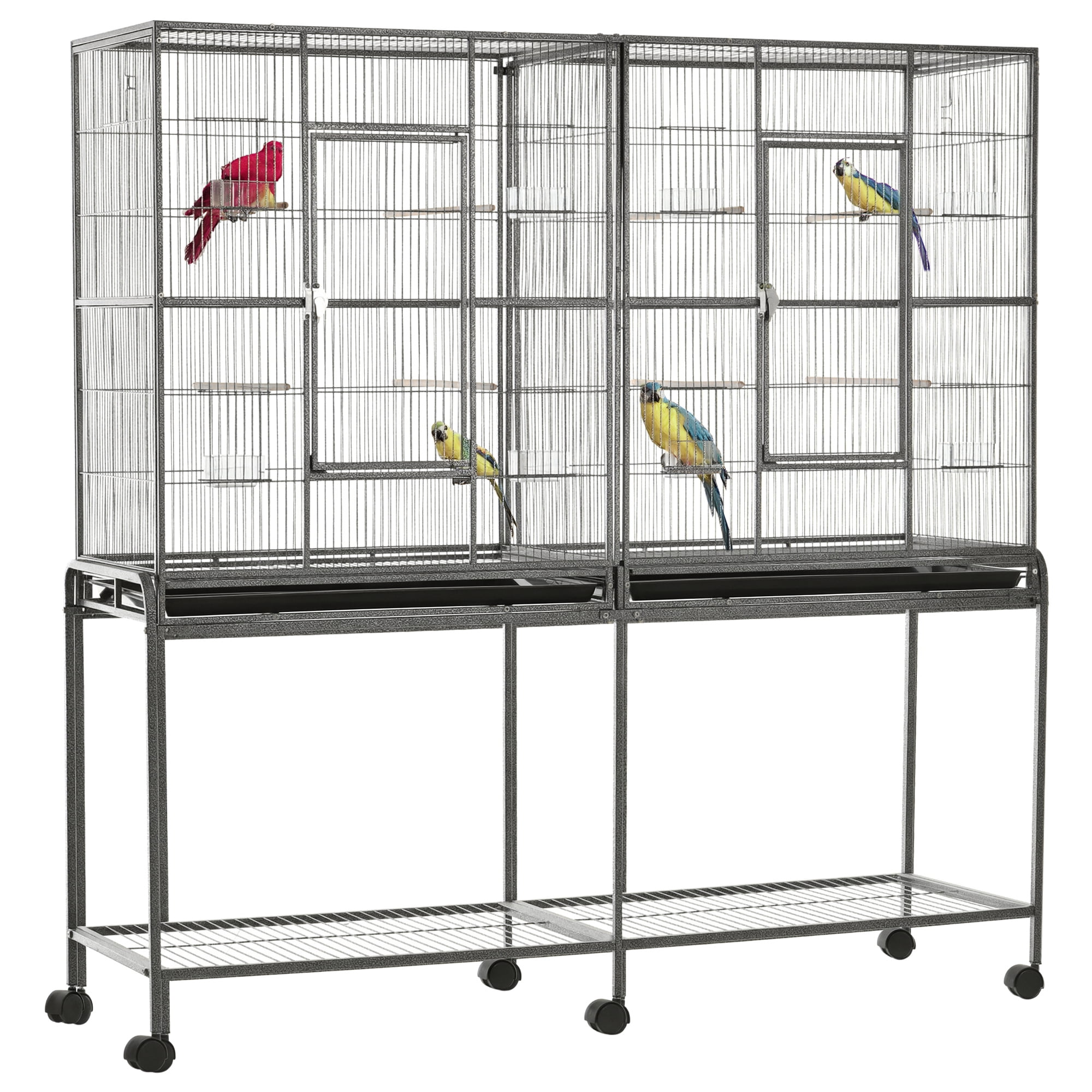 65" Double Rolling Metal Bird Cage Feeder with Detachable Rolling Stand, Storage Shelf, Wood Perch & Food Container