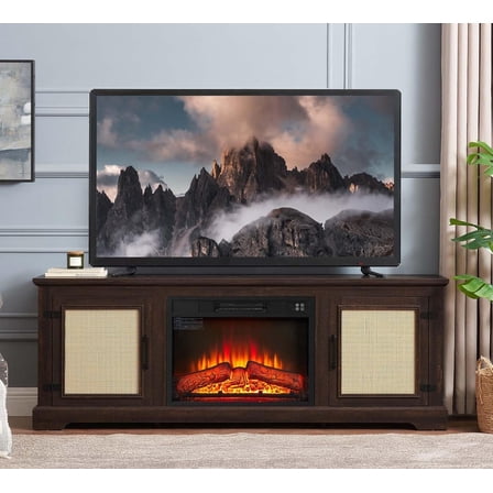 65" Entertainment Center with Fireplace for 60 65 69 inch Television, TV Stand with 2 Rattan Doors Cabinets & Cable Holes, Wood TV Console, Rustic Farmhouse Living Room Furniture (Brown)