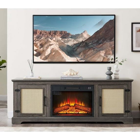 65" Entertainment Center with Fireplace for 60 65 69 inch Television, TV Stand with 2 Rattan Doors Cabinets & Cable Holes, Wood TV Console, Rustic Farmhouse Living Room Furniture (Grey)