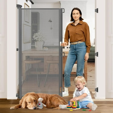 65” Extra Tall Pet Gate Indoor Gate 55” Wide Baby Gate Retractable Dog Gate Outdoor Gates for Decks Retractable Baby Gates for Doorways Tall Dog Gate for Front Door Mesh Gates for Kids or Pets, Gray