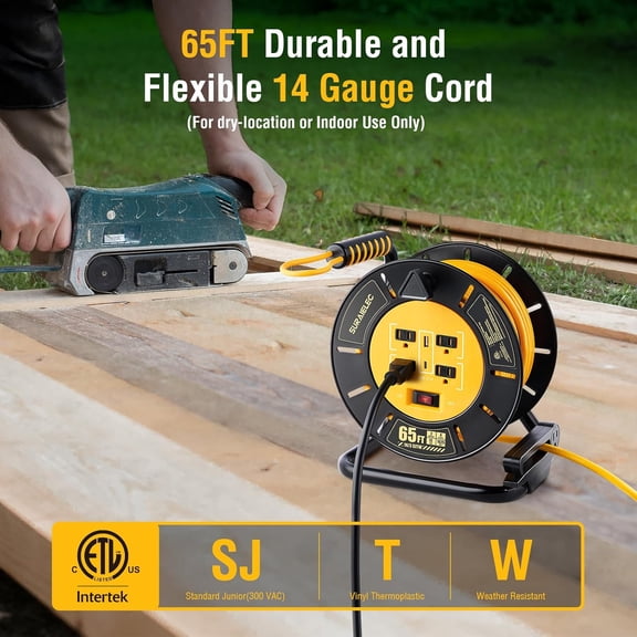 65 FT Extension Cord Reel with 4 Grounded Outlets, USB-A & USB-C Ports, 14AWG Heavy Duty Power Cord, 13A 1625W, Portable Hand Crank for Indoor Outdoor Use, ETL Listed