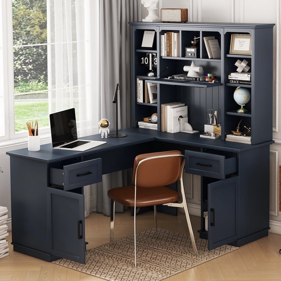 65" Farmhouse L Shaped Executive Desk with Drawers, Wood Home Office Corner Desk with Shelves and Cabinet, File Drawer, Storage Cabinet, Rustic Computer Writing Desk