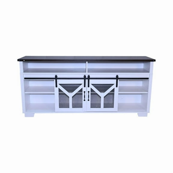 65" Farmhouse TV Stand with LED Lights & Barn Doors​ – Rustic Media Console for 75" TVs, Walnut Top & Iron Mesh Sliding Doors