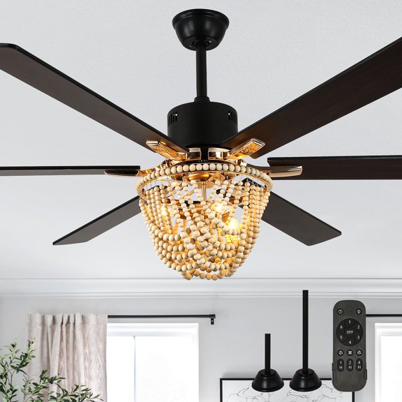 Cusp Barn 65" Farmhouse Wood Bead Reversible Ceiling Fan with Lights and Remote Control, DC Motor 6 Speeds Ceiling Fan