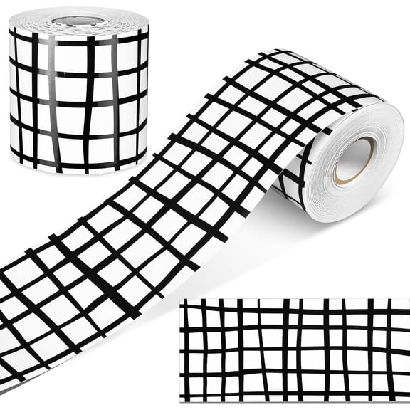 65 Feet Bulletin Board Borders Black and White Polka Dots Striped Grid Borders Decorative Straight Scalloped Wavy Rolled Trim Classroom Back to School Decor(Black White Grid)