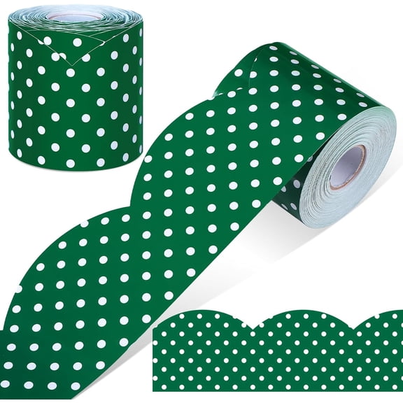 65 Feet Polka Dot Bulletin Board Borders Decorative Polka Dot Border Classroom Decoration Scalloped Rolled Border Trim for Bulletin Boards Office Back to School Decor(Green with White Dots)