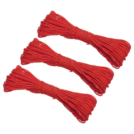 65 Feet Reflective Guyline Camping Paracord 2mm , 3 Pack Nylon Tent Cord Guyline Rope Bright Red