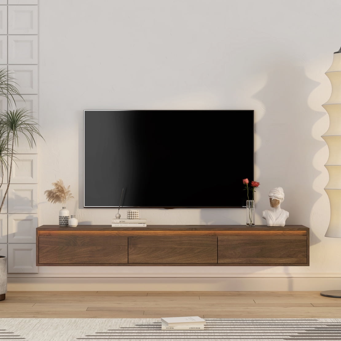 65" Floating TV Stand Wall Mounted Entertainment Center with LED Lights, Storage, and Power Outlet for 55-65 Inch TVs in Wood Finish